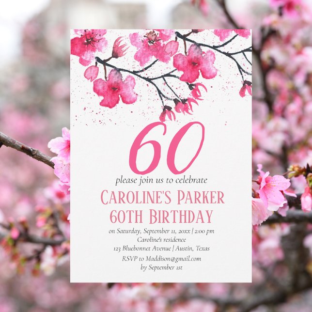  Rosa Cherry Blommar 60:e födelsedag Blommigt Inbjudningar (Skapare uppladdad)