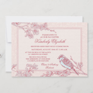 Rosa Cherry Blommar Bird First Communion Inbjudningar