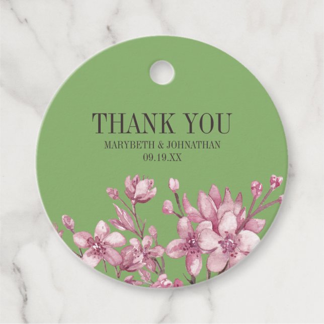 Rosa Cherry Blommar Blommigt Bröllop Tack Gåvor Etiketter (Framsida)