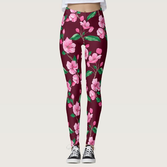 Rosa Cherry Blommar Blommigt Leggings (Framsida)