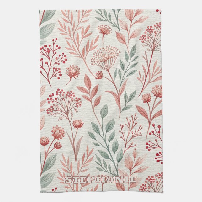 Rosa Cherry Blommar, Blommigt och Löv Mönster Kökshandduk (Vertikal)