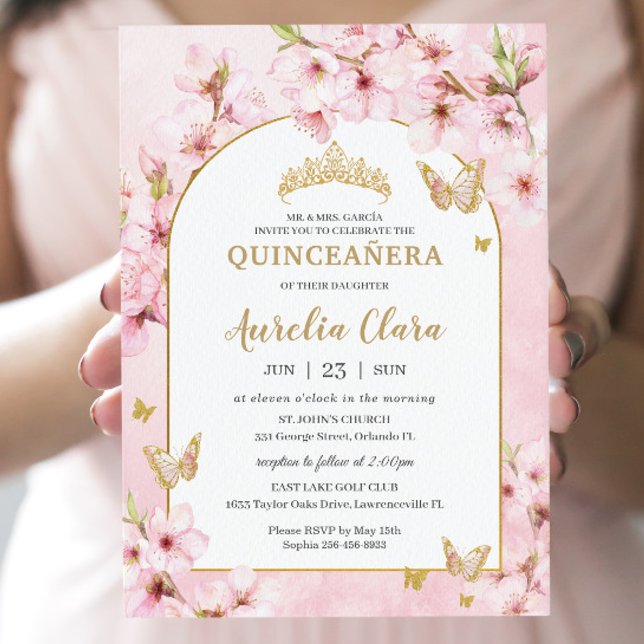 Rosa Cherry Blommar Blommigt Quinceañera Sweet 16 Inbjudningar (Skapare uppladdad)