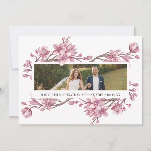 Rosa Cherry Blommar Blommigt Tack Photo Card Kort (Framsida)