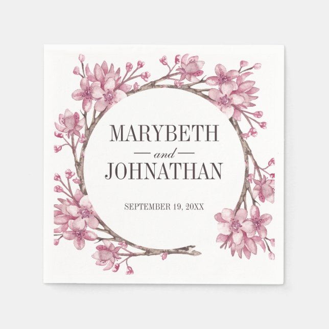 Rosa Cherry Blommar Blommigt Utandning Bröllop Nap Pappersservett (Framsidan)