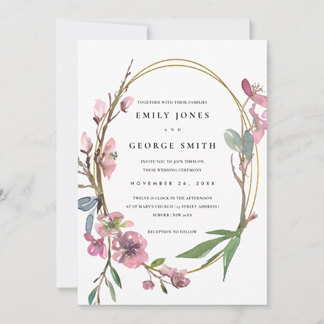 ROSA CHERRY BLOMMAR BLOMMIGT WREATH WEDDING INVITE TACK KORT (Framsida)