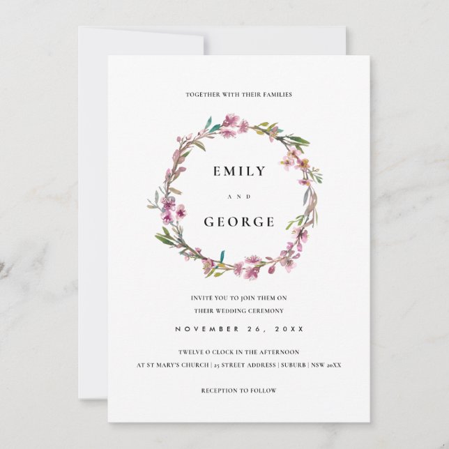ROSA CHERRY BLOMMAR BLOMMIGT WREATH WEDDING INVITE TACK KORT (Framsida)