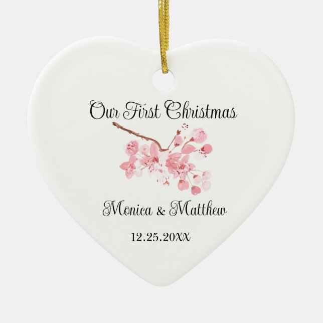 Rosa Cherry Blommar Bröllop Gift Sakura Julgransprydnad Keramik (Framsidan)