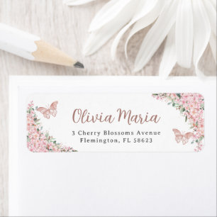 Rosa Cherry Blommar Butterflies Returadress Etikett