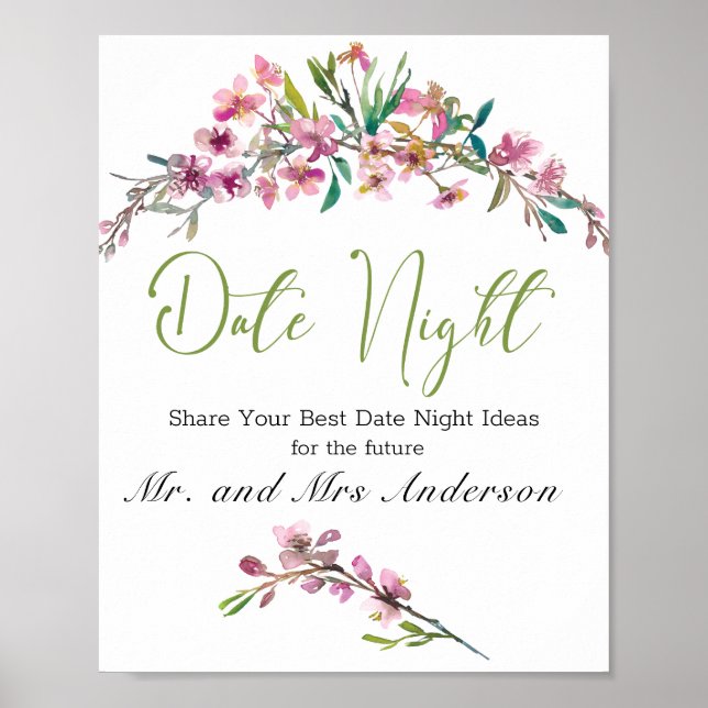 Rosa Cherry Blommar Elegant Blommigt Datum Natttec Poster (Framsidan)