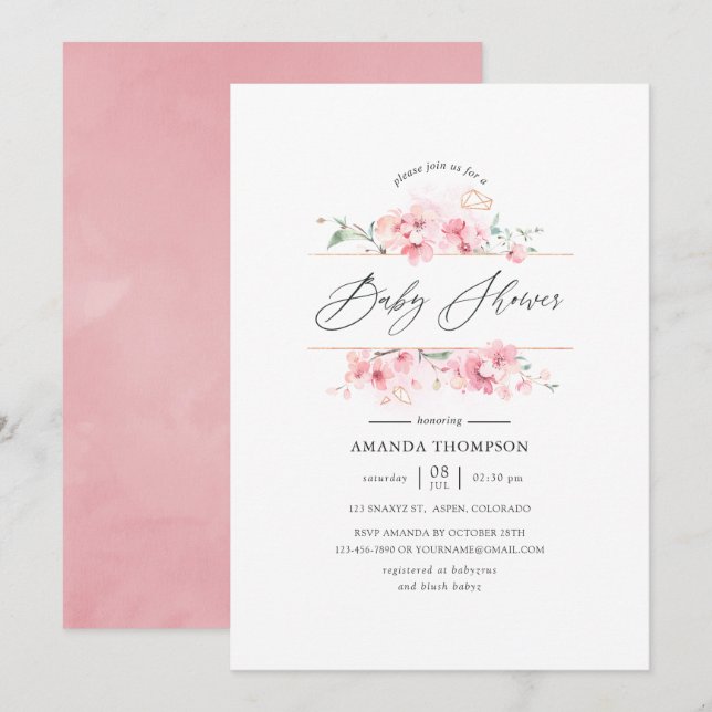 Rosa Cherry Blommar Geometric Baby Shower Inbjudningar (Fram/baksida)