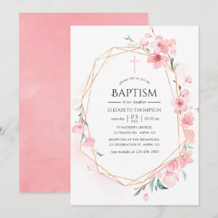 Rosa Cherry Blommar Geometric Baptism Inbjudningar