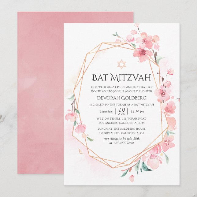 Rosa Cherry Blommar Geometric Bat mitzvah Inbjudningar (Fram/baksida)