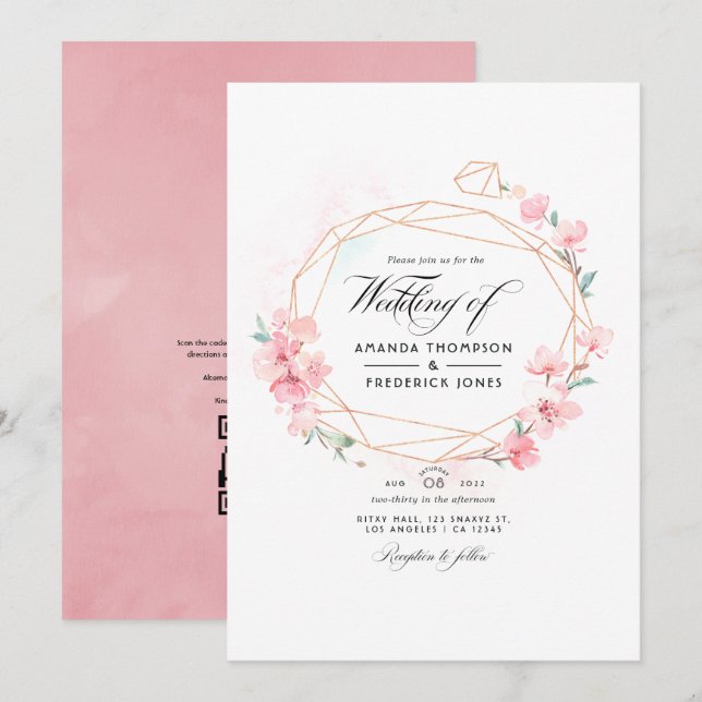 Rosa Cherry Blommar Geometric QR Code OSA Bröllop Inbjudningar (Fram/baksida)