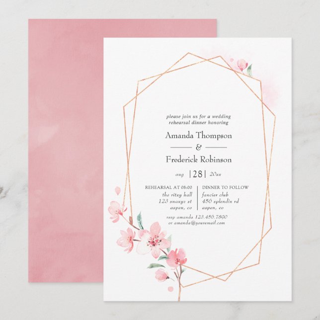 Rosa Cherry Blommar Geometric Rehearsal Dinner Inbjudningar (Fram/baksida)