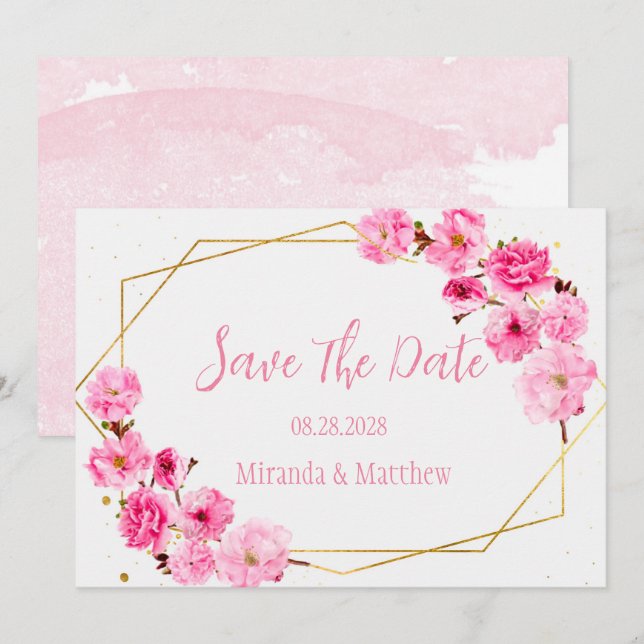Rosa Cherry Blommar Geometric Save the Date Card Inbjudningar (Fram/baksida)