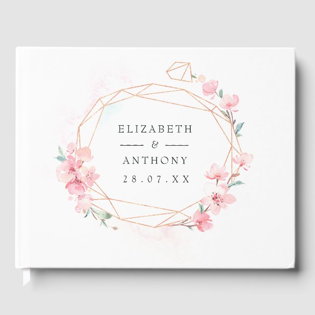 Rosa Cherry Blommar Geometric Vår bröllop Gästböcker (Framsida)