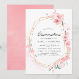 Rosa Cherry Blommar Geometric Vår Quinceañera Inbjudningar