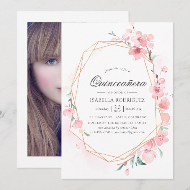 Rosa Cherry Blommar Geometric Vår Quinceañera Inbjudningar (Fram/baksida)