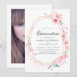 Rosa Cherry Blommar Geometric Vår Quinceañera Inbjudningar