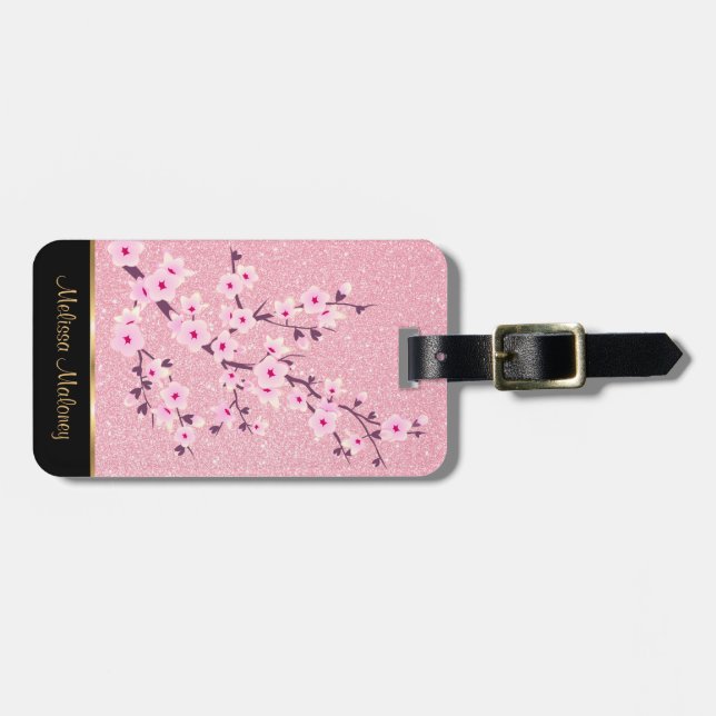 Rosa Cherry Blommar Glitter Bagagebricka (Horisontell Framsida)