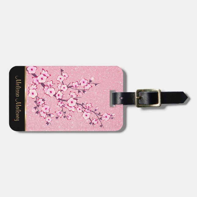 Rosa Cherry Blommar Glitter Luggage Tag Bagagebricka (Horisontell Framsida)