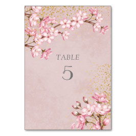 Rosa Cherry Blommar Guld Glitter Bröllop Bordsnummer