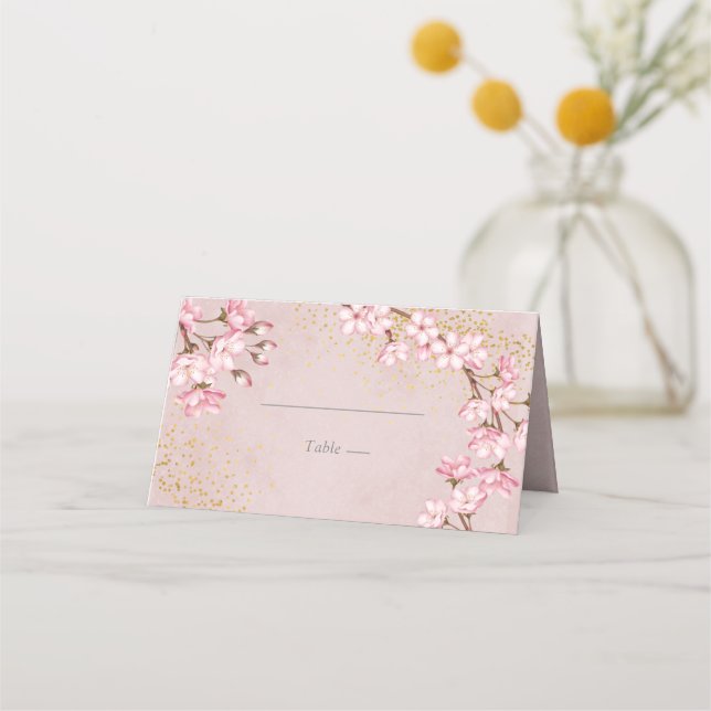 Rosa Cherry Blommar Guld Glitter Bröllop Placeringskort (Framsida)