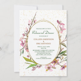 Rosa Cherry Blommar Guld Ram Rehearsal Dinner Inbjudningar