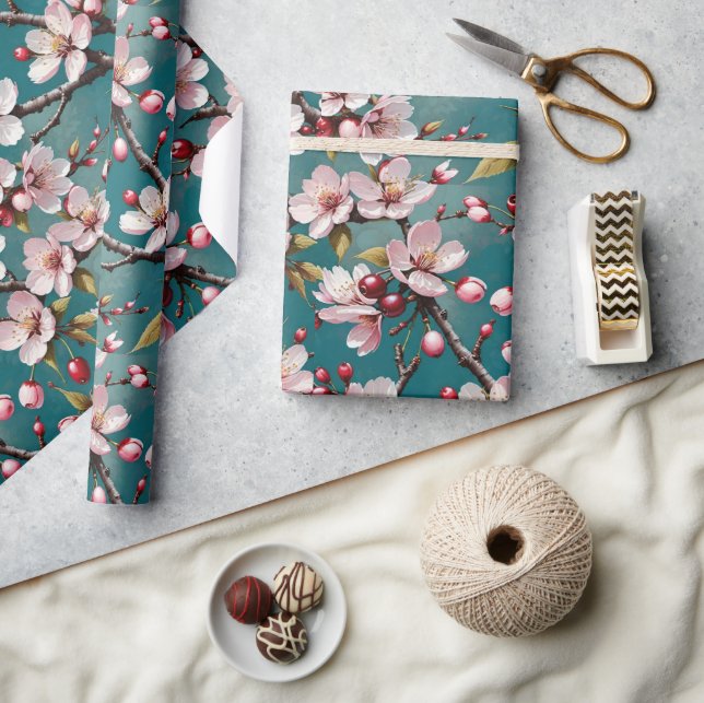 Rosa Cherry-Blommar i en helbäckenbotten Presentpapper (Hantverk)