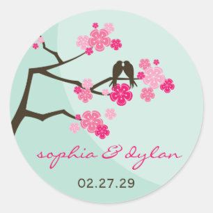 Rosa Cherry Blommar Love birds Wedding Stickers Runt Klistermärke