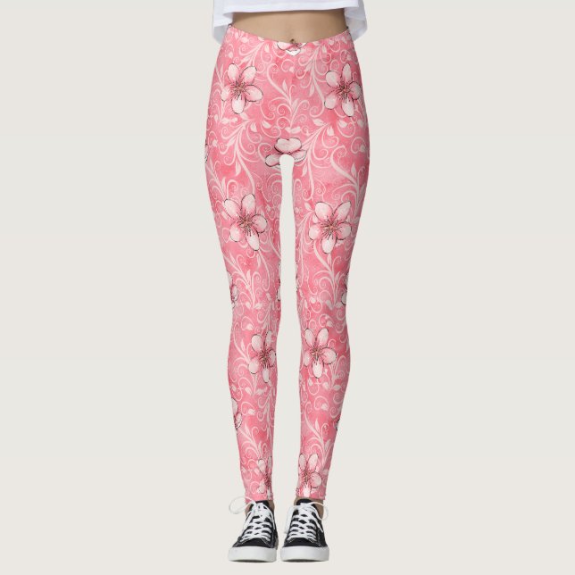 Rosa Cherry Blommar Mönster Leggings (Framsida)