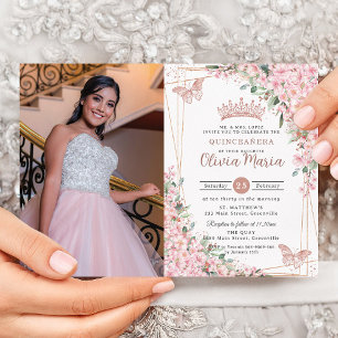 Rosa Cherry Blommar Ro Guld Quinceañera Photo Inbjudningar