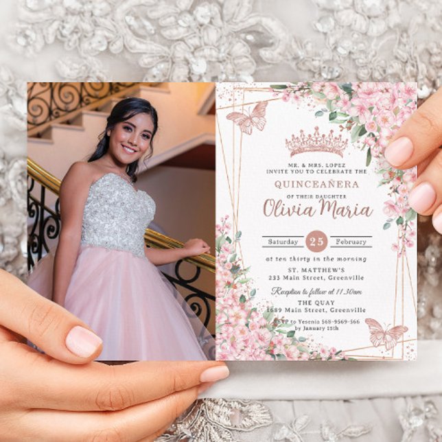 Rosa Cherry Blommar Ro Guld Quinceañera Photo Inbjudningar (Skapare uppladdad)