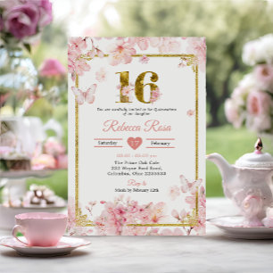 Rosa Cherry Blommar Sakura Guld Quinceañera Inbjudningar