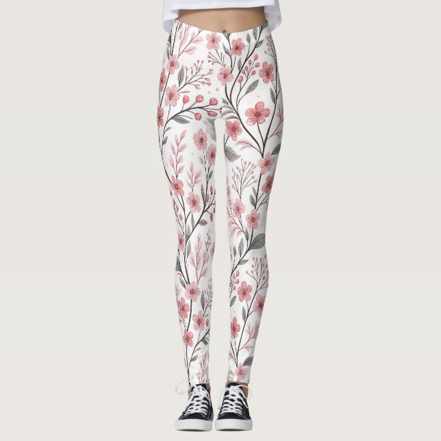 Rosa Cherry Blommar Sakura Mönster på White (1) Leggings (Framsida)