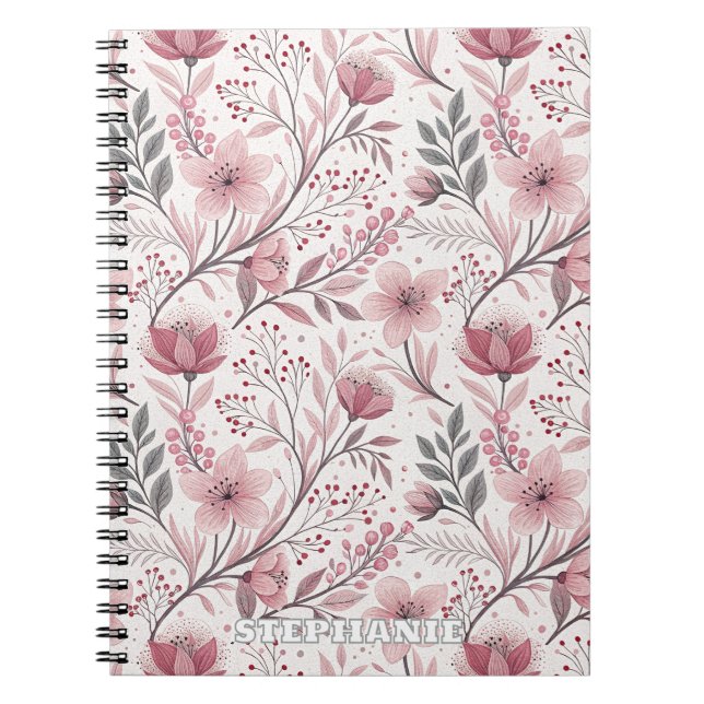 Rosa Cherry Blommar Sakura Mönster på White (3) Anteckningsbok (Framsidan)