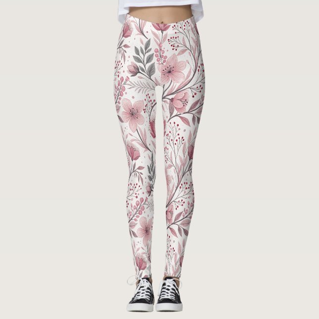 Rosa Cherry Blommar Sakura Mönster på White (3) Leggings (Framsida)