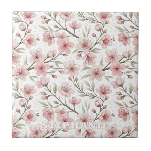 Rosa Cherry Blommar Sakura Mönster på White (5) Kakelplatta