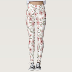 Rosa Cherry Blommar Sakura Mönster på White (5) Leggings