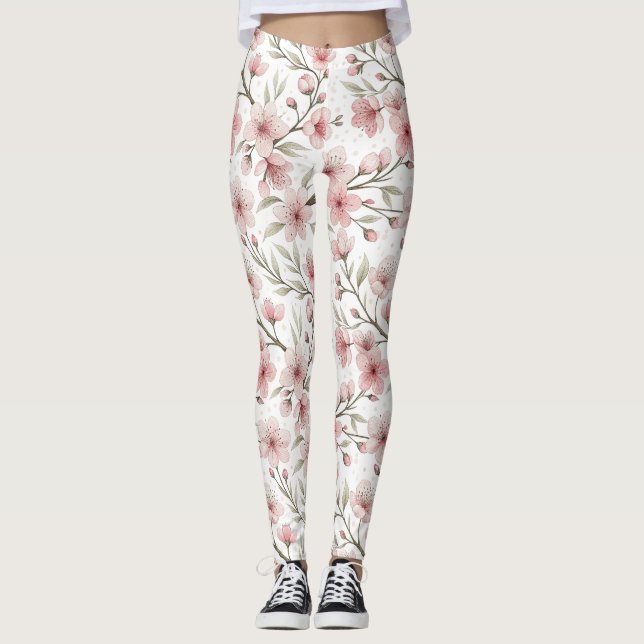 Rosa Cherry Blommar Sakura Mönster på White (5) Leggings (Framsida)