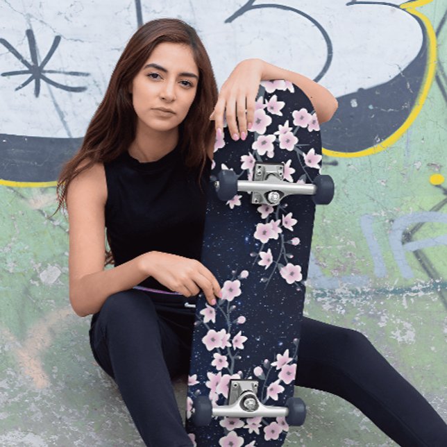 Rosa Cherry Blommar Starry Night Himlar Mini Skateboard Bräda 18,5 Cm (Skapare uppladdad)