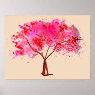 Rosa Cherry Blommar träd vattenfärg Poster