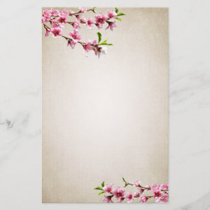 Rosa Cherry Blommar Vintage Tan Brevpapper