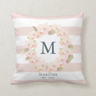 Rosa Cherry Blommar WAN Rand Monogram Kudde