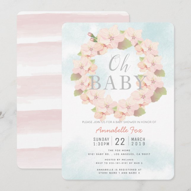 Rosa Cherry Blommar Wandeand Oh Baby Shower Inbjudningar (Fram/baksida)
