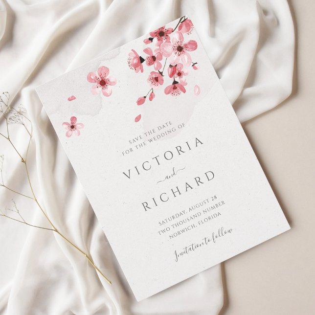 Rosa Cherry Blommar Watercolor Blommigt Bröllop Spara Datumet (Skapare uppladdad)