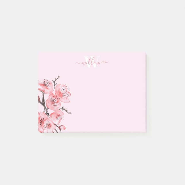 Rosa Cherry Blommar Watercolor Monogram Post-it Block (Framsida)