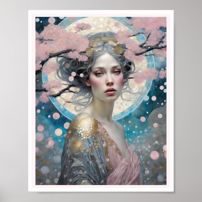 Rosa Cherry Blommar Woman Art Deco Circles Poster (Framsidan)