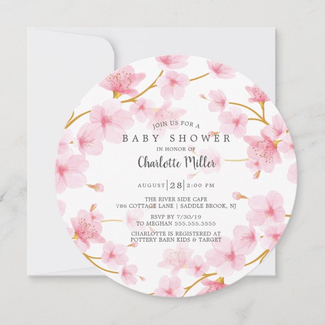 Rosa Cherry Blommars Baby Shower Inbjudningar (Framsida)