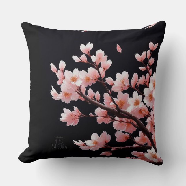 Rosa Cherry Blommars-Black Dekorativ kudde (Framsida)